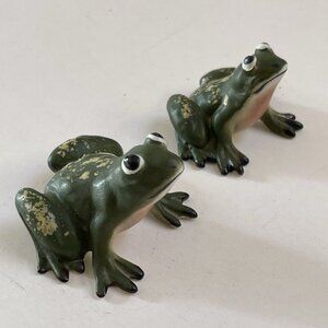 Miniature Frog Figurines Ceramic Mama Baby Set of 2 Green Spotted Home Decor